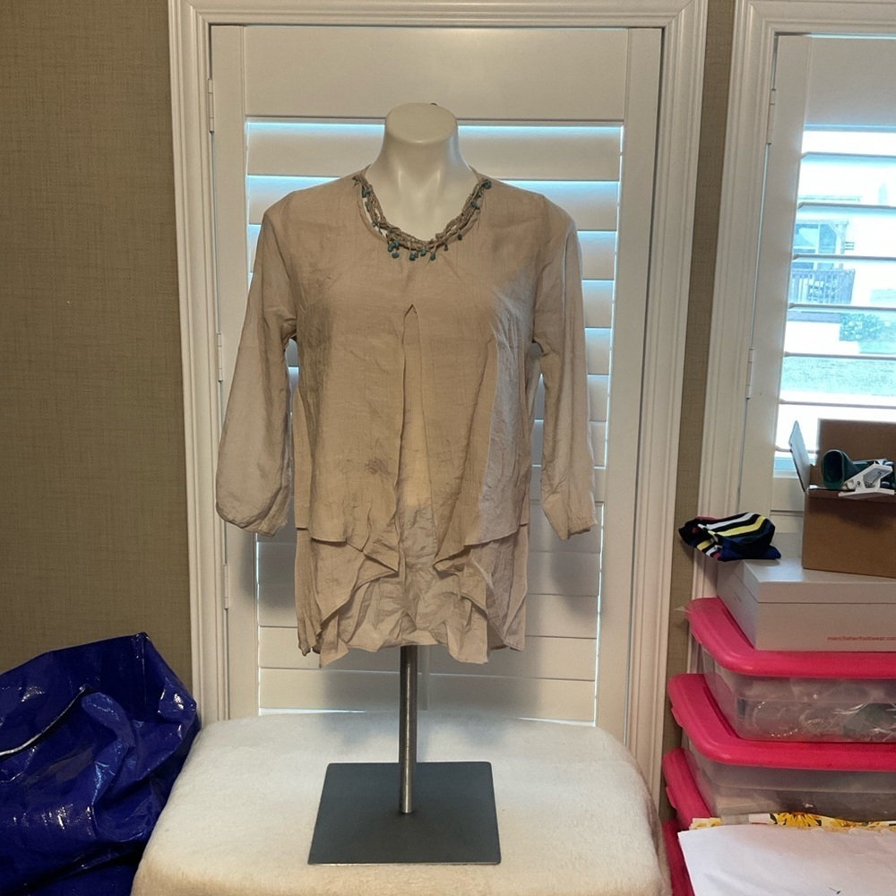 Krazy Kat Beige Blouse with Necklace Detail